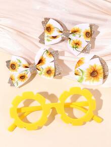 2 Stücke Mädchen Sonnenblumen Schleife Pailletten Doppelschicht Blumen Haarspangen, Gelbe Zahnrad Rahmen Brille, Party & Feiertag Kinder Haaraccessoires - Gelb - Übersicht 1