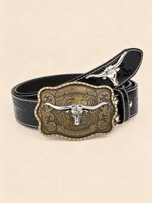1pc New Vintage Distressed 3D Bull Head Large Buckle, Western Style Versatile Decorative Belt - Multicolor - View 1