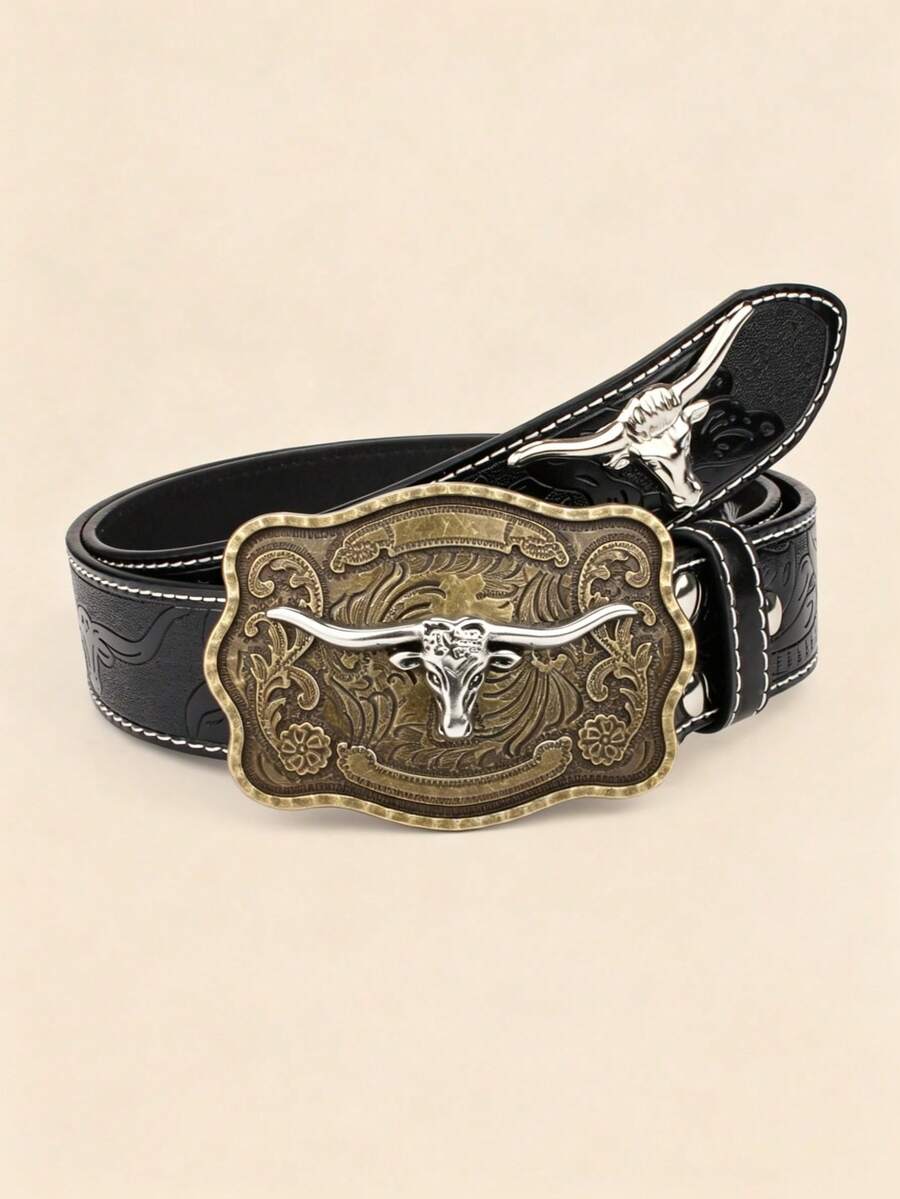 1pc New Vintage Distressed 3D Bull Head Large Buckle, Western Style Versatile Decorative Belt - Multicolor - View 1
