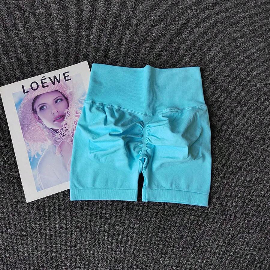 Peach Yoga Shorts For Girls, High Waisted Crisscross Shorts, Snap Knit, Running, Sports, Elastic, Tummy Lift, Butt-Skimming Shorts - 淺藍色 - 查看 1