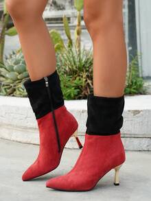 planare Women's New Fashion Casual Ruched Pointed Toe Slip-On Motorcycle Boots Western Boots Stiletto High Heel Mid-Calf Ankle Boots Winter Fashion Boots - Red - View 9