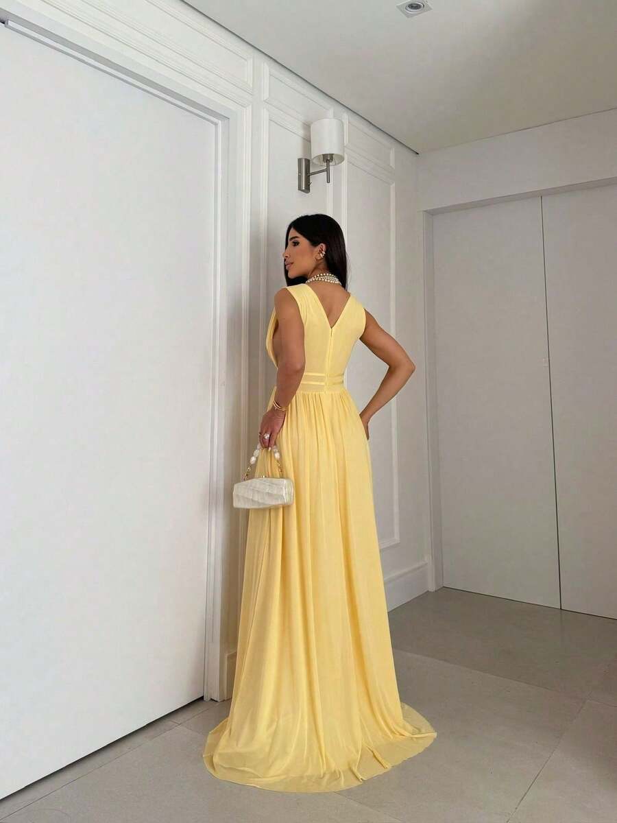Micro Tulle Long Party Dress Simple Zipper Party Wedding - Yellow - View 1