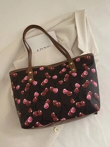 1件女款休閒通勤包，大容量新款極簡百搭單肩包，時尚小眾設計壓紋托特包，舒適獨特肩帶，適合大學生上課/購物/出遊/商場逛街/約會/度假 - 黑色 - 查看 6