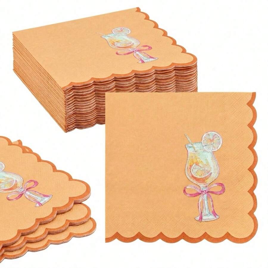 20/40/60 Peças, Guardanapos de Papel para Coquetéis com Fatias de Laranja, Guardanapos Descartáveis de 2 Camadas com Impressão em Aquarela, Design de Copo de Bebida Tropical com Borda Ondulada Bege e Laço Rosa, Toalhas de Mão para Festa na Piscina de Verão, Brunch de Meninas, Suprimentos para Celebração de Coquetéis Tropicais, 13*13 Polegadas - cor laranja - Visão 1