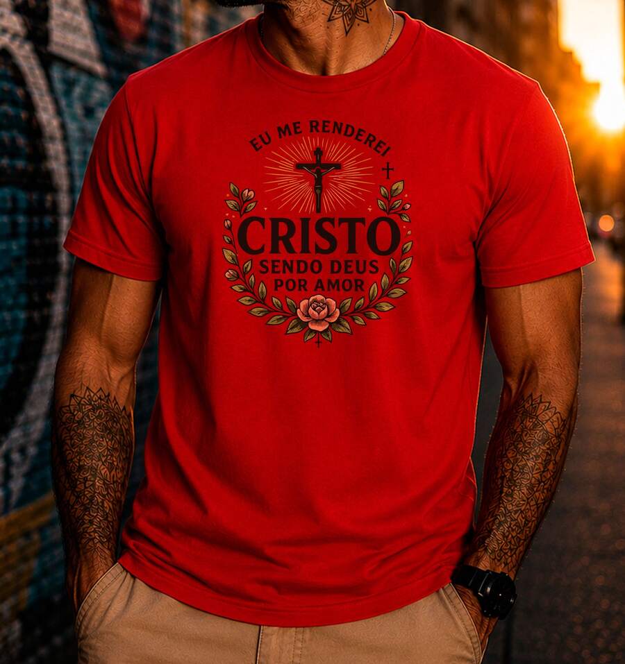 Jesus Christ Cross Religious Faith Love Nature Floral T-Shirt 100% Cotton Premium DTF Print - 紅色 - 查看 1