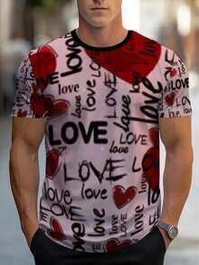 Camiseta ligera de manga corta para hombre con estampado de corazón - Prenda superior casual de verano de cuello redondo en rojo y blanco, adecuada para el hogar, restaurantes y atuendo casu - Negro - Ver 1