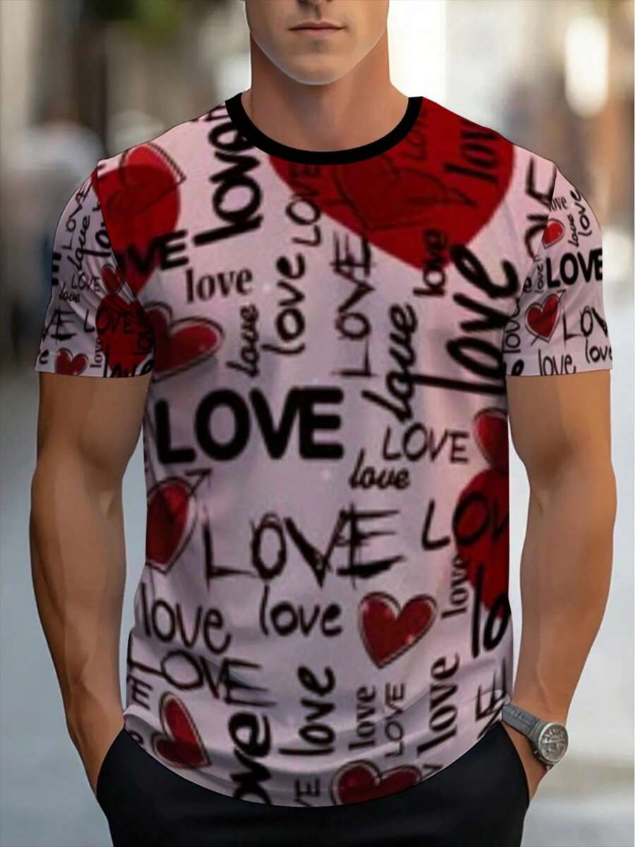 Camiseta ligera de manga corta para hombre con estampado de corazón - Prenda superior casual de verano de cuello redondo en rojo y blanco, adecuada para el hogar, restaurantes y atuendo casu - Negro - Ver 1