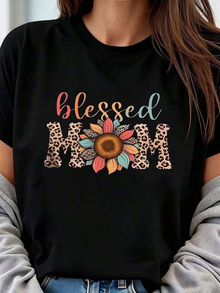 Mom 1 Pieza Camiseta de Mujer Talla Grande, Oversize, con Estampado Gráfico, Manga Corta, 220g, Novedosa, 100% Poliéster, Casual, Cuello Redondo - Negro - Ver 1
