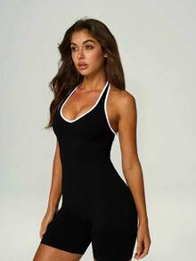 UONNOU Halter Neck Open Back Romper For Women, Contrast Trim Tummy Control Slim Sports Bodysuit - Black - View 2