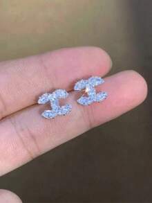 1對奢華雙C高階優雅百搭極簡小巧可愛耳釘 - 銀色 - 查看 1