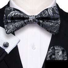 Ensemble d'accessoires pour homme 5 pièces gris à motif paisley jacquard, nœud papillon, pochette, boutons de manchette, bague, boutonnière, motifs de boutons de manchette aléatoires, décoration pour marié mariage - Gris - Voir 4