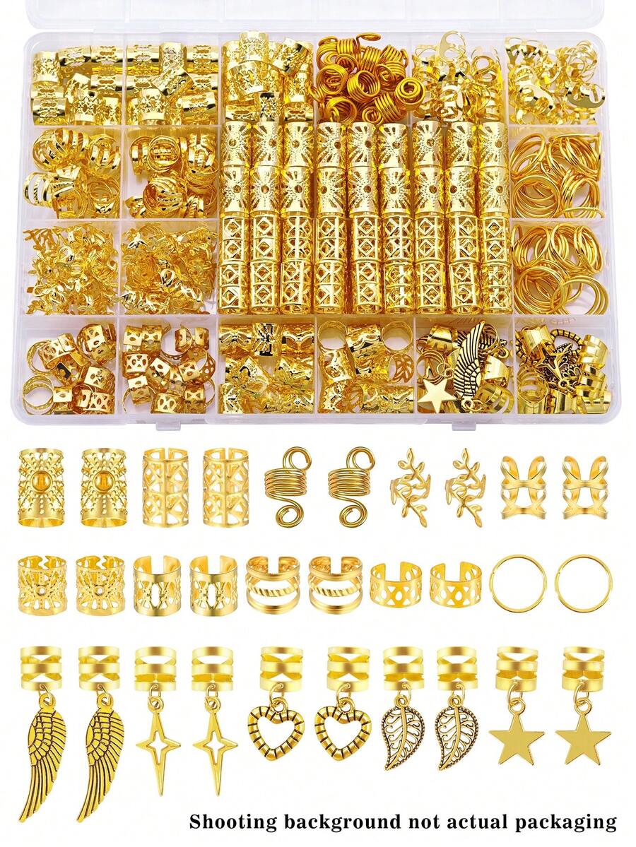 220件套合金太陽主題混色髮環髮飾，星星、葉子、愛心造型，適用於編髮與髒辮，女孩與女性髮飾，抓夾