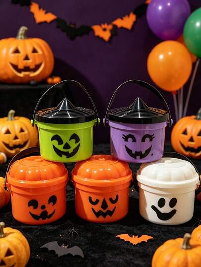 5/3/1pc 5 Different Halloween Decoration Buckets, Scary Pails, Halloween Nostalgia Buckets, Small Halloween Candy Bowls With Handles, Plastic Buckets For Halloween Events And Parties, Mysterious Ghost Buckets, Halloween Candy Bowls Small Gift Packaging, Halloween "Trick Or Treat" Home Decor (Empty Boxes)