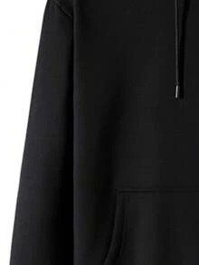 Men's Plain Black Lined Sweatshirt Pullover Featuring Simple Drawstring Hood, Solid Color Long Sleeve H-Fit Sports Top Fall - Black - View 4