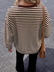 女款棕色時尚撞色條紋寬鬆長袖T恤，適合外出與街頭休閒風格 - 杏色 - 查看 5