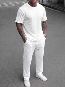 Vintage Waffle Knit Men's Casual Minimalist White Drawstring Short Sleeve Top And Long Pants 2 Pieces Set - White - View 1
