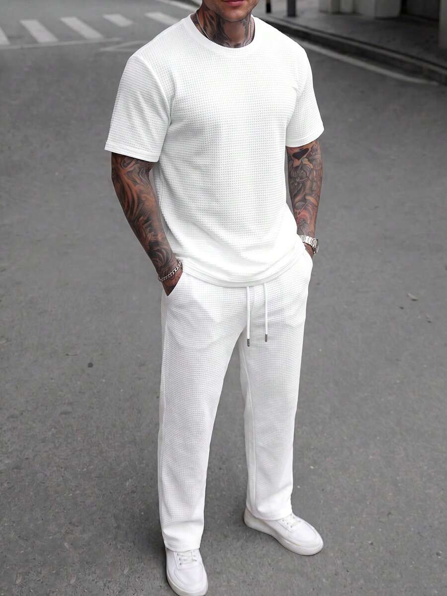 Vintage Waffle Knit Men's Casual Minimalist White Drawstring Short Sleeve Top And Long Pants 2 Pieces Set - White - View 1