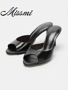 Sandal Mule Wanita Terbaru Musim Semi/Panas 2026 dengan Hak Rendah Sedang-Tipis, Hak Stiletto - Hitam - View 1
