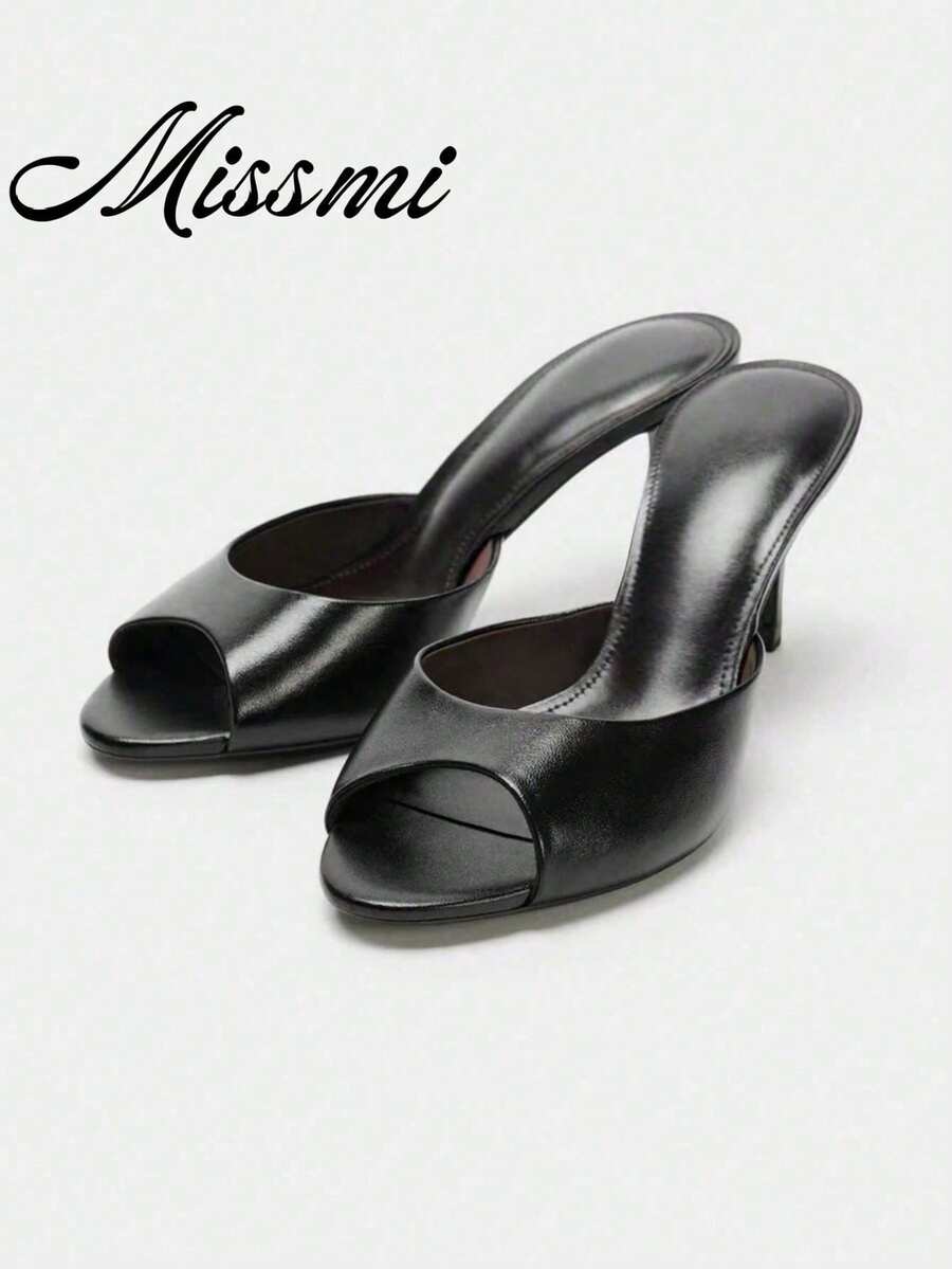 Sandal Mule Wanita Terbaru Musim Semi/Panas 2026 dengan Hak Rendah Sedang-Tipis, Hak Stiletto - Hitam - View 1