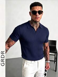 GRDR Men's Summer Knit Polo Shirt, Solid Color Short Sleeve Knitted Collar, Suitable For Summer Outings, Essential For Fashionable Outfit - Navy Blue - View 3