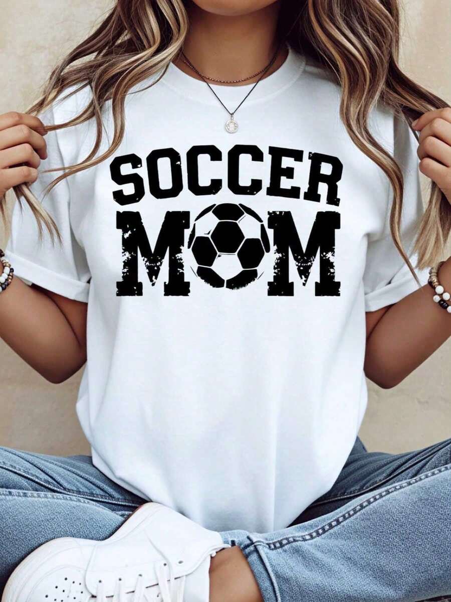 1 Pack Of Black Cotton Graphic Print T-Shirts For Women And Girls, Soccer Fan Clothing, Sports Gift For Mother's Day. - 白色 - 查看 1