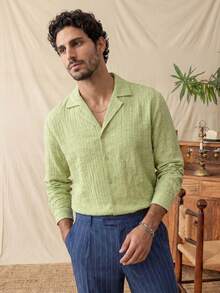 glestore Men's American Vintage Style Casual Textured Long Sleeve Shirt, Versatile Fashion, Suitable For All Seasons - Green - View 4