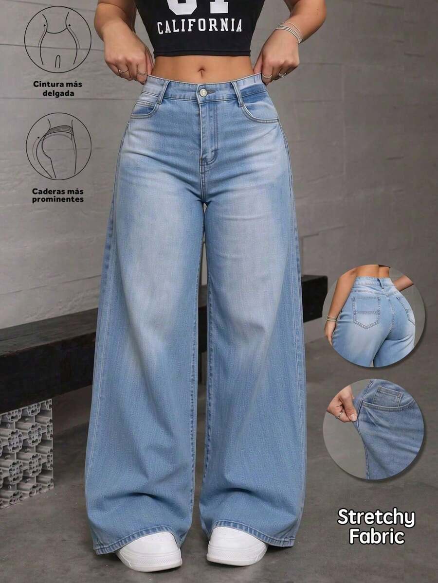 Jeans rectos y holgados de mezclilla lavado efecto levantador de glúteos elásticos sueltos varios colores disponibles - Celeste - Ver 1
