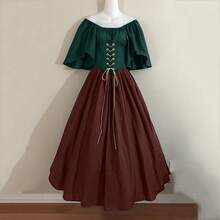 Medieval Retro Style Fitted Dress With Color Blocks, Ruffled Sleeves And A Wide Hem, Ideal For Cosplay And Stage Performances. - In-stock Items Shipped Instantly - View 5