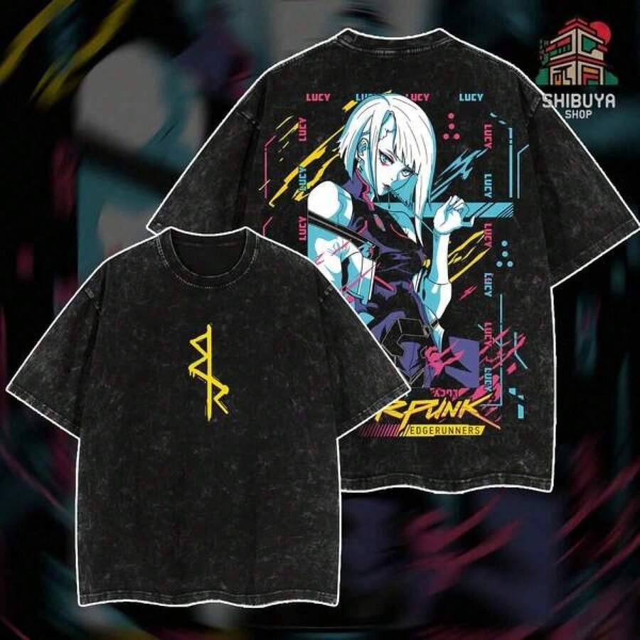 Retro washed plus size[Shibuya] Camiseta Retro Limitada Edgerunners Neoncore Lucy Unisex Lavada con Ácido Ligera, Camiseta Edge Runner, Cyberpunk Edgerunners, Camiseta Lucy - Negro - Ver 1