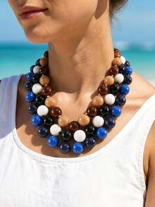 1pc European & American Bohemian Round Geometric Acrylic Mixed Color Beaded Rope Handmade Knotted Women's Necklace With Stainless Steel Accessories, Holiday Gift, Daily Wear - Hand-knotted Resin Stainless Steel Accessory Necklace - View 2