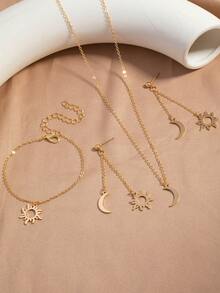 1 Set Of Elegant And Simple Casual Style Sun And Moon Combination Earrings And Bracelet Set - Gold - View 5