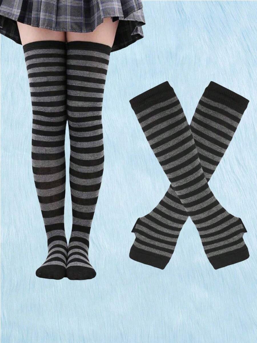 Kawaii 1 Pair Of Women's Striped Over-The-Knee Socks And 1 Pair Of Women's Arm Sleeves - 灰色 - 查看 1