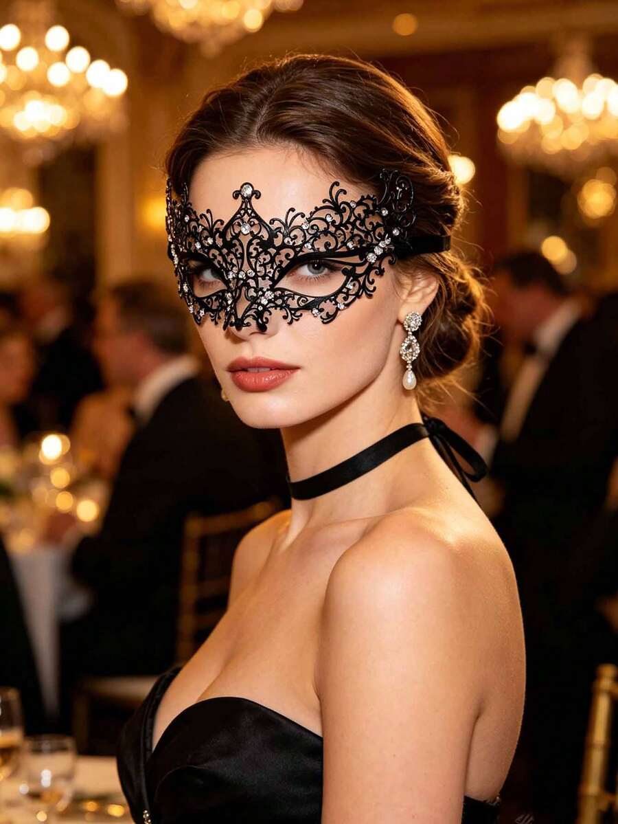 1pc Wedding Halloween Mask Eye Cover, Black Starry Rhinestone Mask, Adult Women Party Eye Accessory, Masquerade Ball Accessory, Party Gathering Photo Prop, Holiday Costume Prop, Suitable For Halloween, Bride, Evening Party, Masquerade Ball, Holiday Party, Cosplay - Multicolor - View 1
