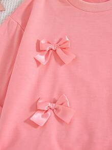 Girls' Casual Fashion Solid Color Bow Tie Design Round Neck Drop Shoulder Long Sleeve Top And Straight Leg Pants 2-Piece Set, Spring/Autumn - Pink - View 4