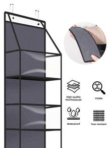 1pc Dark Grey 4-Tier Over The Door Hanging Storage Organizer With Black Edge, PVC Clear Pocket Fabric Wall Hanging Bag, Large Capacity Cabinet Door Storage Rack For Kitchen Pantry, Bedroom Closet & Bathroom Sundries Storage - Dark Grey - View 5