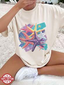 Y2K Women's Casual Summer T-Shirt, Watercolor Style, Starfish Print, Fashionable, Vacation, Casual, Loose Fit, Round Neck, Printed, Short Sleeve, 100% Cotton - 白色 - 查看 7