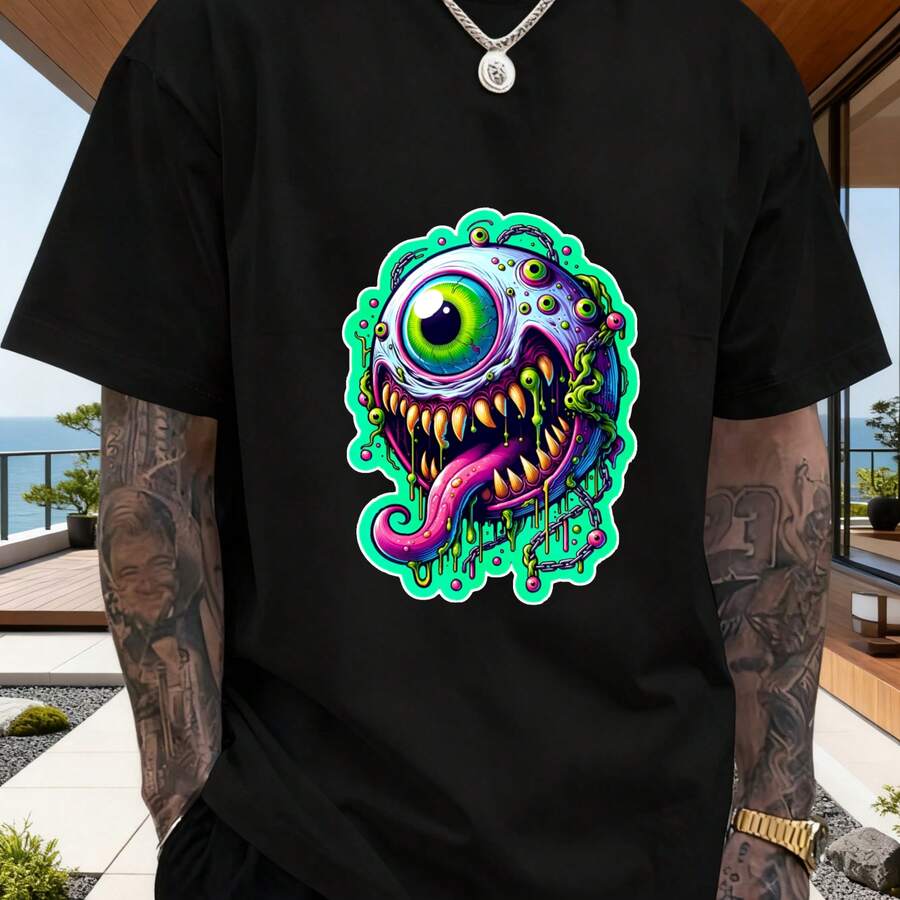 Vibrant Graphic Design, Organic Cotton T-Shirt - Men's And Young Women's - Alien Monster Theme With Single Eye And Long Tongue, Neon Green, Purple And Turquoise Color Scheme - US - 黑色 - 查看 1