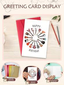 1張彩色吉他主題生日卡，印有「Happy Birthday」文字，設計包含多種電吉他與民謠吉他圖案，適合音樂愛好者、朋友與家人 - 多色 - 查看 2