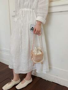Mini Woven Embossed Drawstring Box Acrylic Fashion Drawstring Cinched Pearl Handbag - Khaki - View 4