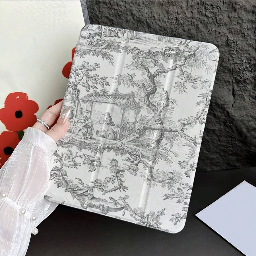 灰白法式 Toile De Jouy 鄉村風景線條圖案 360°旋轉平板保護殼，附筆槽，相容 iPad 11(A16 2025)、小米 5/5PRO/6/6PRO/7/7PRO、華為 MatePad、榮耀 Pad，支援自動睡眠/喚醒功能