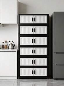 1pc 50cm Wide Folding Storage Cabinet, Large Capacity Multi-Layer Folding Storage Cabinet Set, Stackable Double Door Plastic Storage Cabinet, Multi-Purpose Home Storage Cabinet, Can Store Clothes, Books, Toys, Waterproof And Dustproof, With Wheels, Suitable For Bedroom, Living Room, Study, Bathroom, Home Organization, Christmas Decoration, Kitchen Storage Rack - Black and White - View 1