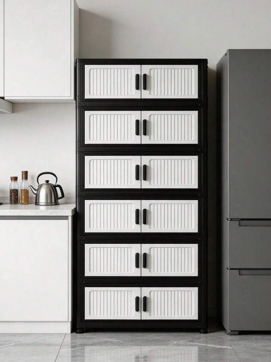 1pc 50cm Wide Folding Storage Cabinet, Large Capacity Multi-Layer Folding Storage Cabinet Set, Stackable Double Door Plastic Storage Cabinet, Multi-Purpose Home Storage Cabinet, Can Store Clothes, Books, Toys, Waterproof And Dustproof, With Wheels, Suitable For Bedroom, Living Room, Study, Bathroom, Home Organization, Christmas Decoration, Kitchen Storage Rack - Black and White - View 1