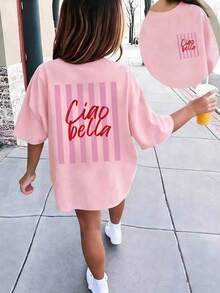 Kaos Musim Panas Longgar Bergaris Ciao Bella Bolak-balik untuk Anak Perempuan - Berwarna merah muda - View 8