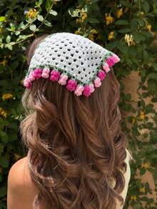 1 pieza Pañuelo triangular de ganchillo hecho a mano con patrón de tulipán, pañuelo triangular de punto calado, accesorio para el cabello de estilo rústico inspirado en viajes de verano - Multicolor - Ver 4