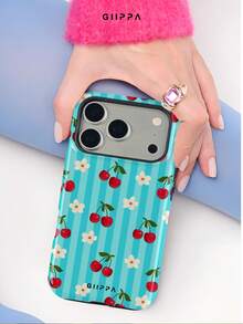GIIPPA 1pc Teal Striped Background With Cherry And Floral Pattern Design, Phone 17 Pro Max Phone Case, Compatible With Phone 16 Pro Max, 15 Pro Max, 14 Pro Max, Korean-Style High-End Fashion Fun Phone Case, Compatible With 11/12/13/14/15/131 Pro Max Plus, Elegant Design Suitable For Men And Women, Perfect Gift For Girlfriend On Christmas, Valentine's Day, Easter, Wedding Season And Birthday! - Cadet Blue - View 4