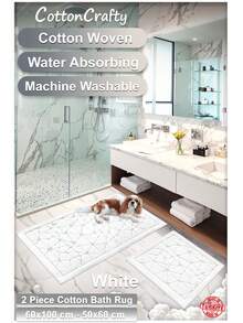 Cotton Woven Absorbent Bath Mat Set, Glass Pattern Bathroom Rug Set 60x100 Cm - 60x50 Cm - White - View 6