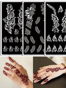 3 Peças/Conjunto Stencils de Tatuagem Oca Desenhada à Mão Hana, Arte de Unhas com Padrão Floral - Design Floral Sexy, Adequado para Mãos, Pintura DIY, Tinta, Adesivos de Modelo de Design Mehndi Reutilizáveis - Preto - Visão 3