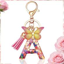 1pc Luxury Pink A-Z Lucky Initial Butterfly Pendant Resin Keychain, Women's Bag And Car Key Charm, Gift For Girlfriend, Mother And Teacher - Pink - View 14