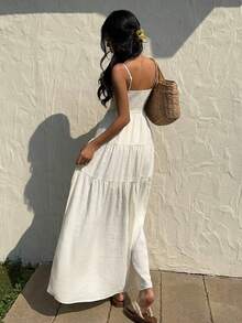 Vestido con escote de tubo plisado de tela texturizada color melocotón claro, con tirantes finos, cintura suelta, estilo relajado para vacaciones - Azul menta - Ver 3