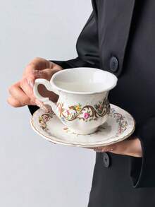 1 Set Dreamy Garden Palace Ceramic Coffee Cup & Saucer, French Palace Style Exquisite Women's Afternoon Tea Cup & Saucer Set, Delicate Embossed Mug & 6-Inch Floral Gold-Rimmed Plate, First Choice For Coffee, Dishwasher , Commercial Dessert Cup - Multicolor - View 7